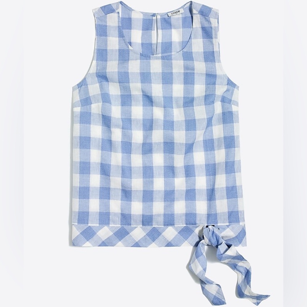 J. Crew gingham Printed tie-waist top in linen-cotton size 2